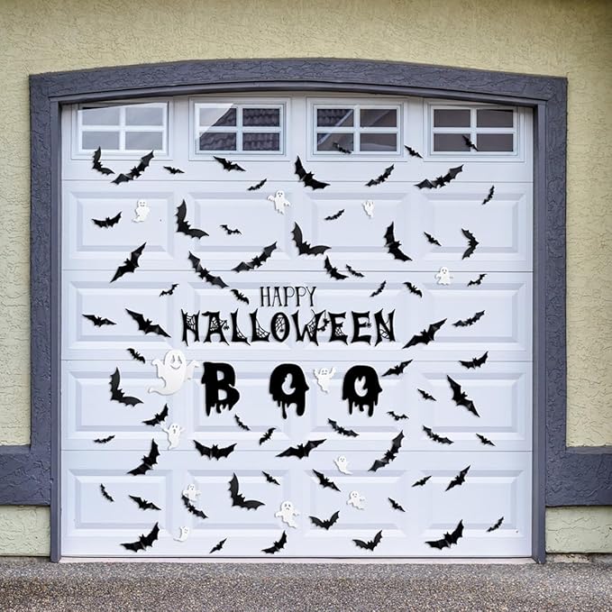 25Pcs Halloween Wall Decor 3D White Ghost Wall Decals Self-Adhesive Cute Halloween Decorations Black Bats Wall Stickers Gothic Designs Halloween Ghost Decorations for Window Home Party Decor Supplies