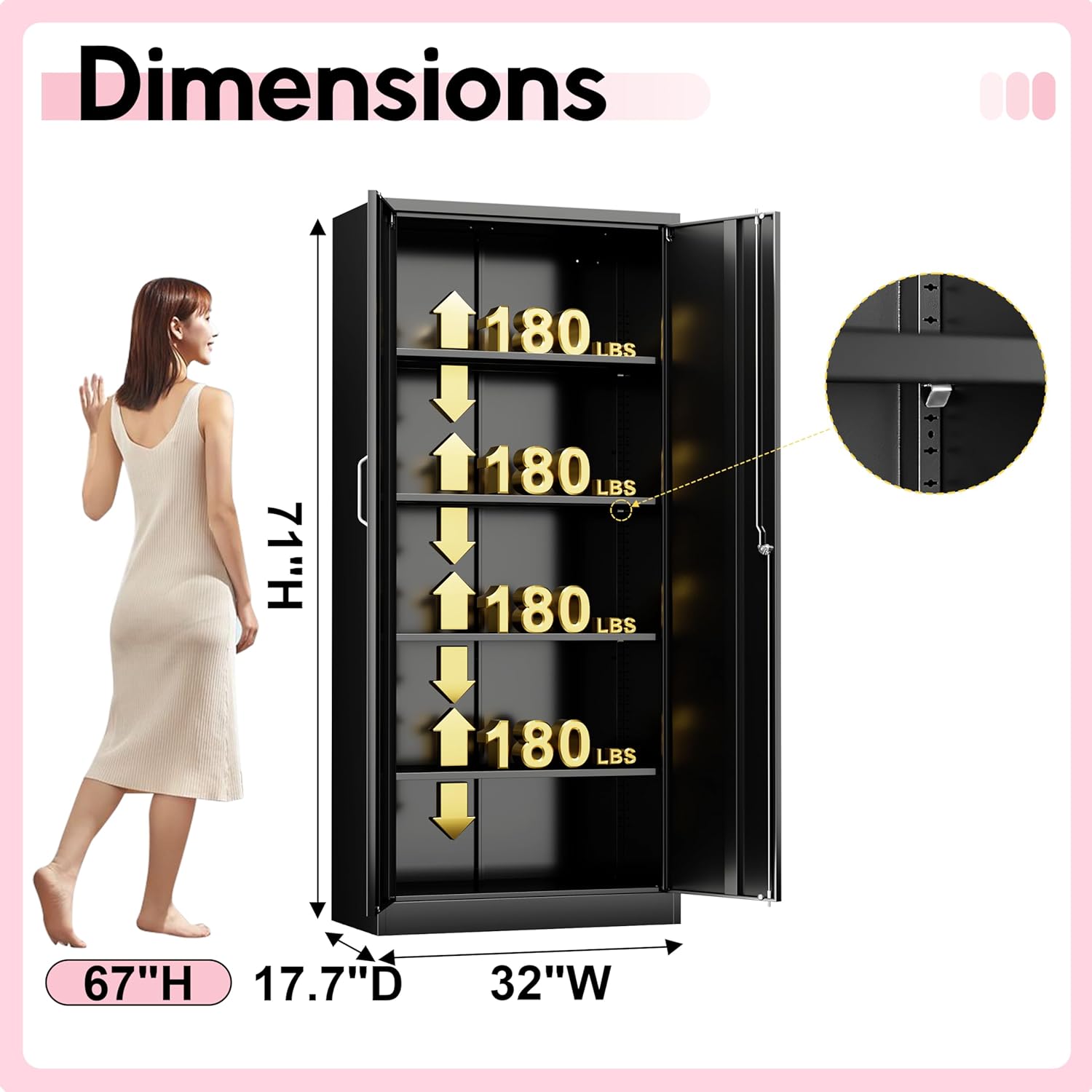 71" Garage Storage Cabinets with Lock, Cabinets with Doors and Shelves, Kitchen Pantry Cabinet, Metal Cabinet for Office, Garage, Shop, School, Assemble Required, Black