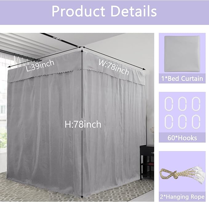 Grey Canopy Bed Curtains - 4 Corner Post Bed Curtains Canopy Twin Bed Canopy Curtains for Adults Girls Bedroom Decoration(Grey, Twin)