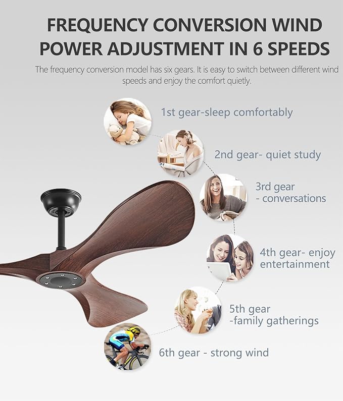 Ceiling Fan with Remote,52 Inch Wood Color Ceiling Fan no light for Indoor/Outdoor,6 Speed Noiseless Reversible DC Motor，Modern Ceiling Fan with Timer for Kitchen, Living Room Farmhouse Patios