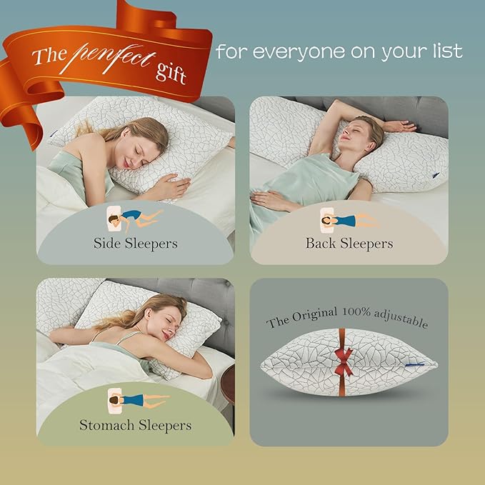 Shredded Memory Foam Pillow for Sleeping, Cooling Bed Pillows Queen Size, Adjustable Soft and Firm Pillows or Side, Back, Stomach Sleepers with Washable Removable Bed Pillow Cover