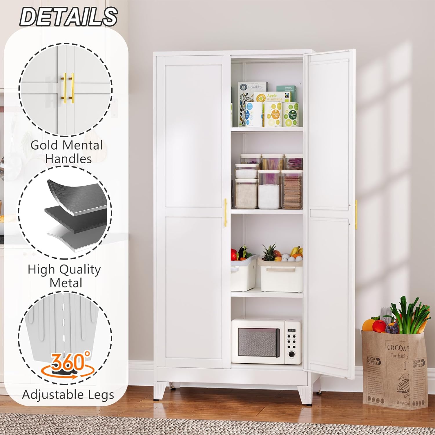 Metal Pantry Cabinet with 2 Doors and Adjustable Shelves - 61" Kitchen Storage Cabinet with Gold Handles - Versatile Storage for Kitchen, Bathroom, Dining Room, Utility Room - White