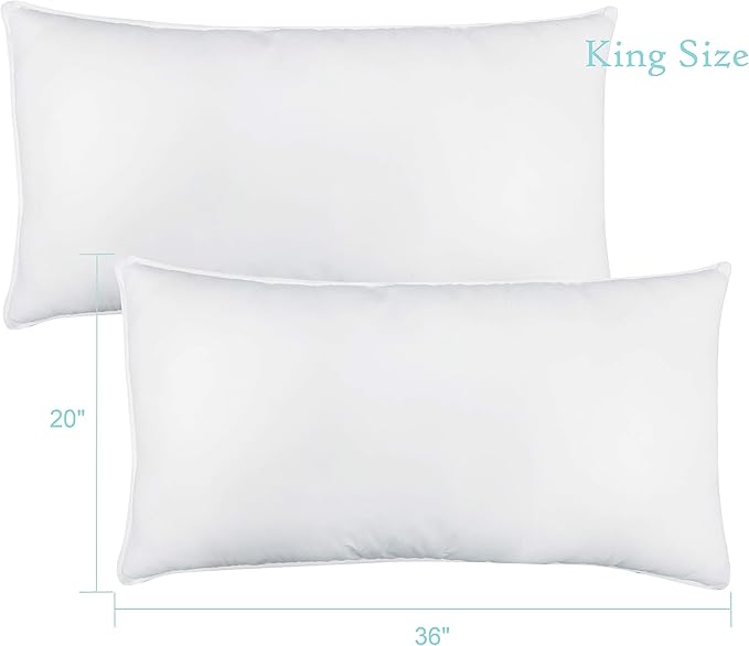 Down Alternative Bed Pillow Shams Insert for Sleeping, King Size 20 x 36 in Set of 2, Support Firm Luxury Dorm Pillows for Side Back Neck Pain Sleeper, 2 Pack