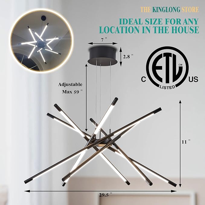 Kinglong Modern Led Ceiling Light Dimmable Black Chandelier Embedded Installation Fixture,Sputnik Pendant Light Pluggable New Art Lamp for Kitchen,Living Room Decoration Easy to Install(12 Heads)
