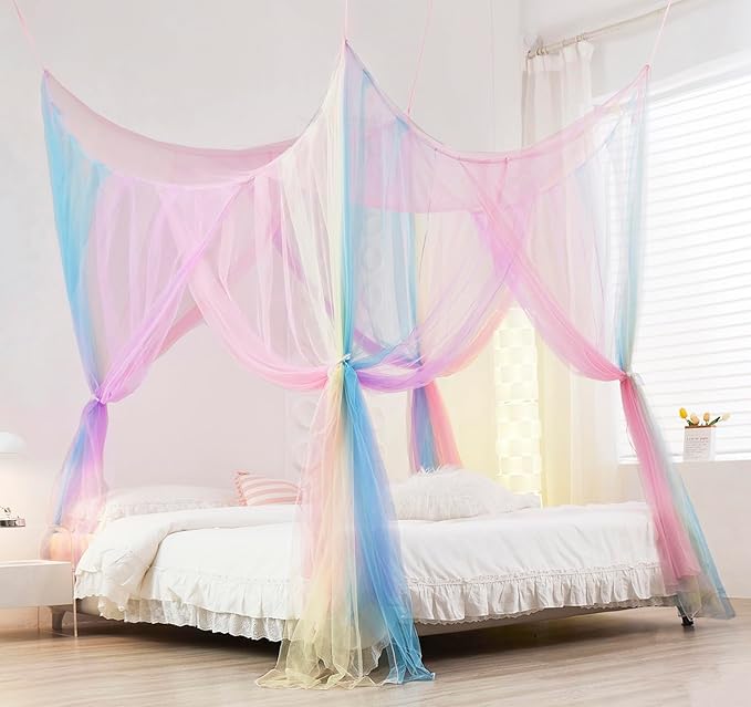 Mengersi Rainbow Canopy Bed Curtaina Mosquito Net for Bed Canopy, Four Corner Post Curtains Elegant Bed Netting, Screen Netting Canopy Curtains for Full to King Size Bed