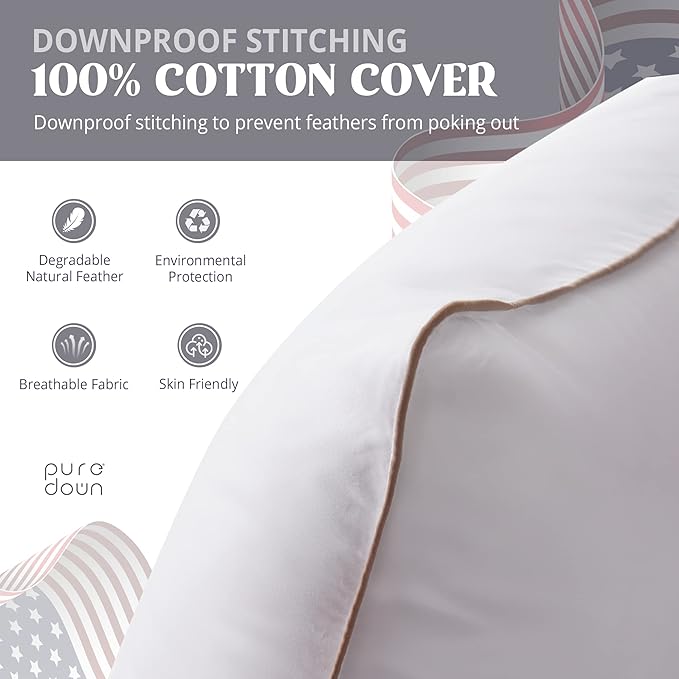 puredown Goose Feathers Down Pillows - Made in USA Soft Medium Support Hotel Pillow, 100% Cotton Cover, Luxury Bed Pillows King Size Set of 2 Pack Feather Pillows