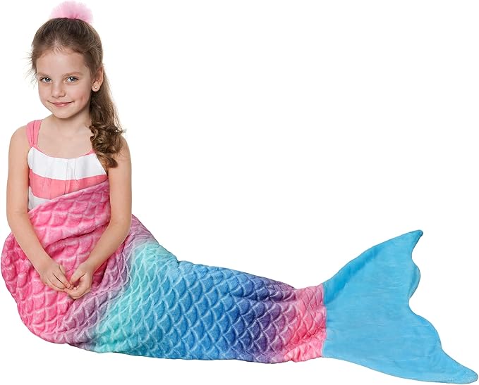 Catalonia Kids Mermaid Tail Blanket, Super Soft Plush Flannel Sleeping Snuggle Blanket for Girls, Rainbow Ombre, Fish Scale Pattern, Mermaid Gifts for Girls Birthday