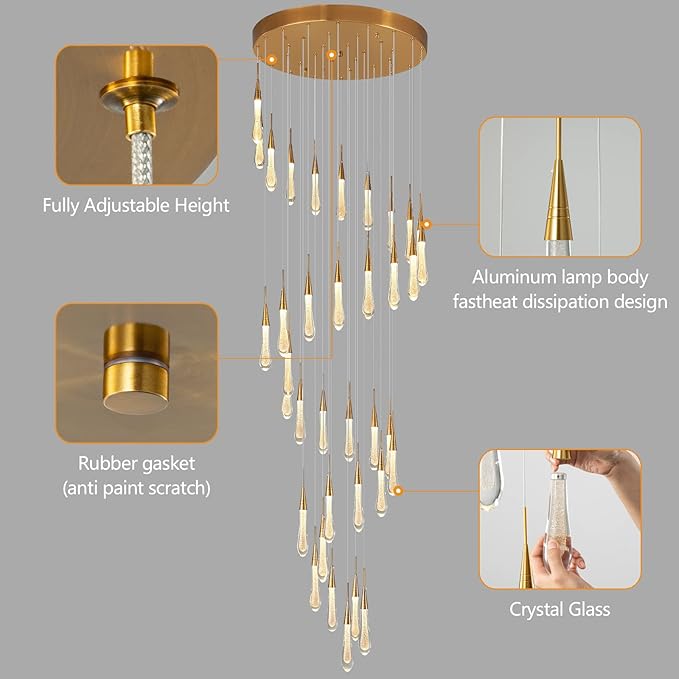 LMQNINE 36 Light Modern Crystal Chandelier Dimmable LED High Ceiling Chandelier Crystal Bubble Gold Pendant Lights Living Room Lobby 180W Staircase Chandeliers
