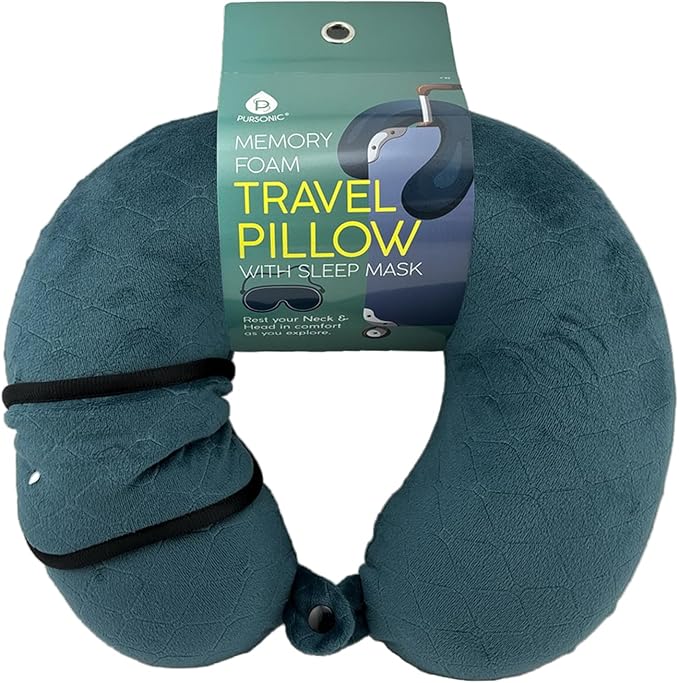 Pursonic Memory Foam Neck Pillow with Eye Mask - Ergonomic Travel Pillow, Breathable Fabric, Compact & Portable, Available in Purple, Teal, Grey (Teal)