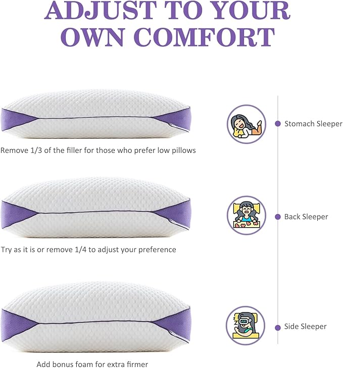 HOMELAB Adjustable Shredded Memory Foam Pillow Queen Size, Cooling Bed Pillow for Sleeping with Removable Cover, Medium Pillow for Side Stomach & Back Sleepers, 1 Pack 20"x28"