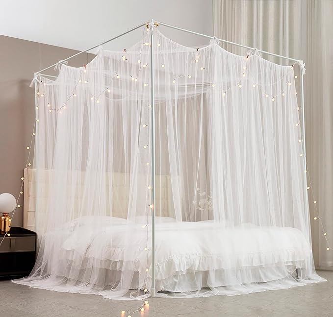 Mengersi Canopy Bed Curtains Bed Canopy with Lights for Girls, Bed Netting Unique Style 4 Door Mosquito Net for Adults Women Bedroom Decor (White+Lights, King)