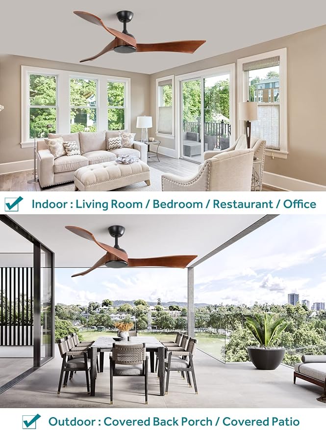 Sofucor 52" Ceiling Fan no Light, Outdoor Ceiling Fan Without Light Wood Ceiling Fan with Remote Control, 3 Blade Ceiling Fan with Quiet Energy Saving Motor, 6 Speeds, Brown Wood