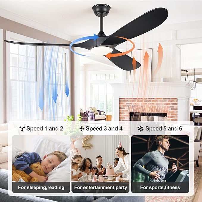 60" Ceiling Fans with Lights, 60 inch Ceiling Fan with Lights, High cfm Quiet 3 Blade Wood Walnut Ceiling Fan, Large Modern Ceiling Fan with Remote, Propeller Fans for Patios,Matte Black