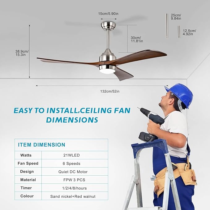NicBex Ceiling Fan 52 Inch Ceiling Fan with Lights Ceiling Fans with 3 Blades and Remote Control Reversible Ceiling Fan with 6 Wind Speed Levels for Bedroom, Living Room, Brown