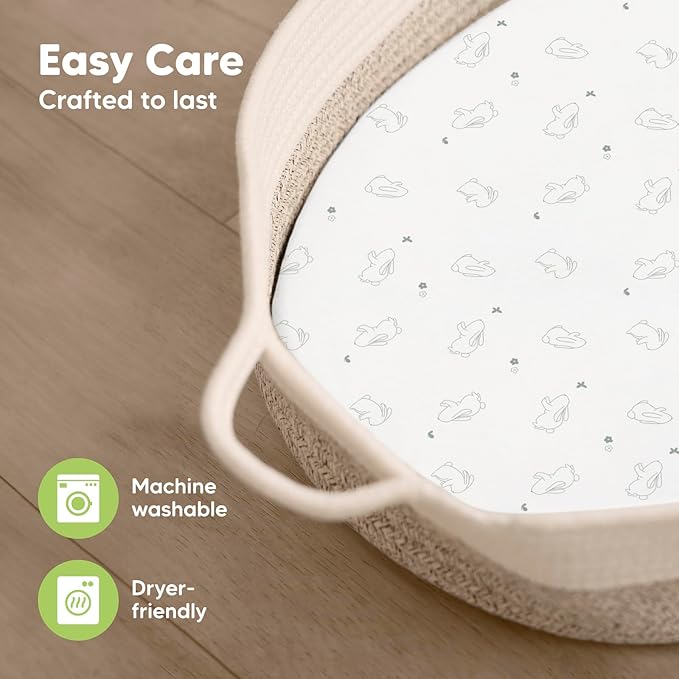 2-Pack Organic Bassinet Sheets for Girls, Boys - 100% Cotton Bassinet Mattress Sheets Compatible with Halo Bassinest Swivel Sleeper, Graco, Baby Delight, Chicco,Unisex Fitted Bassinet Sheets (Bunnies)