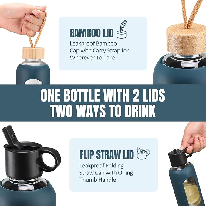 24oz Glass Water Bottle With 2 Lids-Flip Straw Lid, Bamboo Lid, Glass Water Bottle With Silicone Sleeve, Motivational Time Marker, Glass Juice Bottle for Cold Drink,Navy Blue