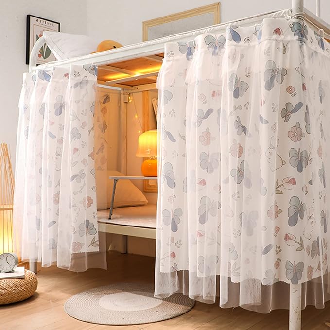 Beautiful Gauze Bunk Bed Curtains Drapes with Lace Privacy Bed Canopy for Bottom Twin Girls, 2 Panels, Flower Rabbit, White