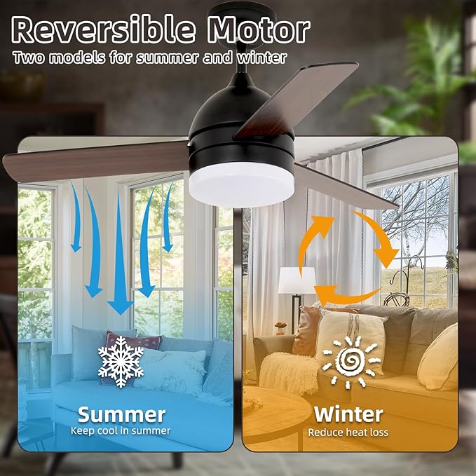 NicBex Ceiling Fan 48 Inch Ceiling Fans with Lights Ceiling Fan with 3 Blades and Remote Control Ceiling Fans with Reversible DC Motor for Bedroom, Living Room, Black
