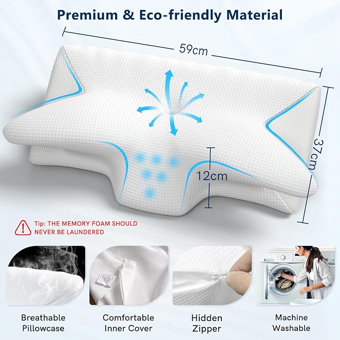 Cervical Neck Pillow for Pain Relief, Adjustable Ergonomic Memory Foam Pillow for Neck and Shoulder Pain, Orthopedic Contour Support Pillows for Side Back & Stomach Sleepers, White-1