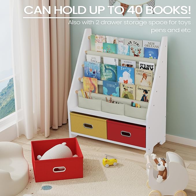 4 Tier Kids Book Shelf, Wooden Kids Book Rack, White Kids Bookshelf with Toy Storage Organizer, Toddler Sling Bookshelf for Boys, Girls, Kids Room, Red/Yellow