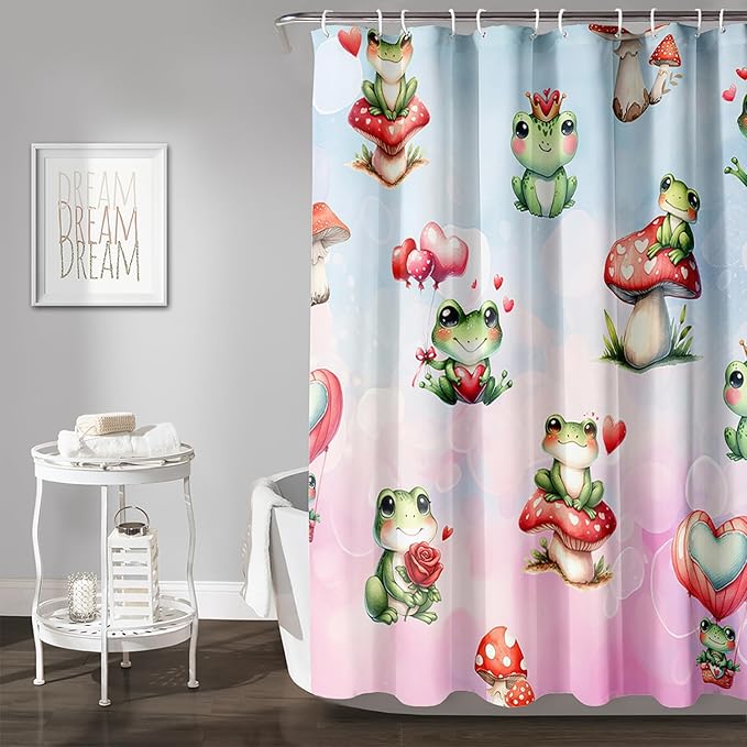 AILONEN Cartoon Frog Shower Curtain,Green Frog with Red Mushroom Roses Bathroom Curtain for Kids Boys Girls,Kawaii Amphibian Animal Waterproof Fabric Shower Curtains for Bathroom,72" W*84" H