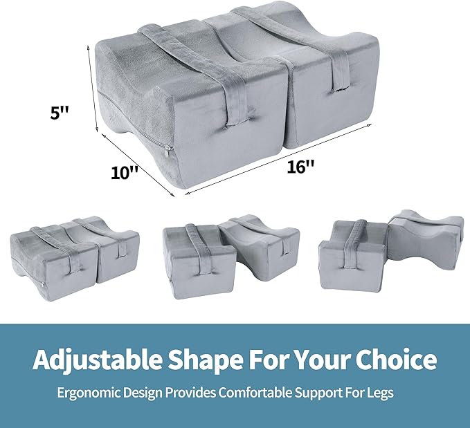 BALAPET Adjustable Shape Knee Pillow for Side Sleepers, Memory Foam Pillow for Between Knees While Sleeping & Aligns Spine, Supportive Bolster Pillow for Relieves Pressure Leg Elevation, Grey