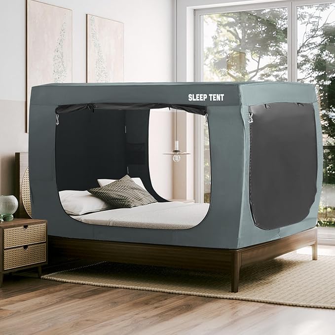 BORNA Bed Tent Twin Bed Canopy for Indoor Portable Light Reducing Sleeping Canopy for Kids and Adult,Bunk Blackout Tents Breathable Privacy Space Tent Mosquito Netting for Bed(Pale Gray)