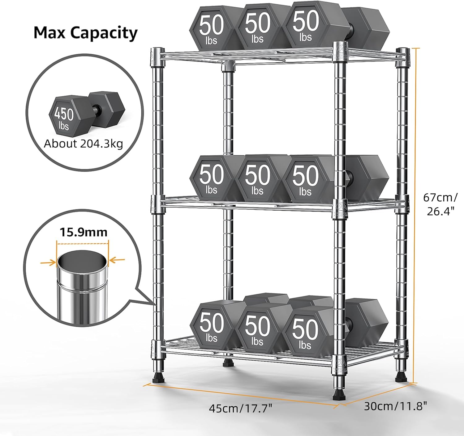 450 lbs Wire Storage Shelving 3-Tier Utility Shelving Unit Steel Organizer Wire Rack for Home,Kitchen,Office,Chrome(11.8" D x 17.7" W x 26.4" H)