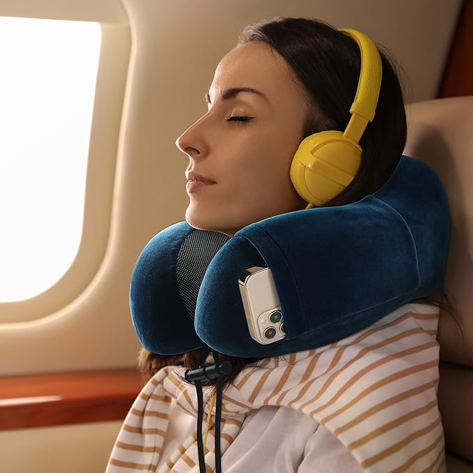 Travel Pillow and Blanket Set Neck Pillow Airplane Memory Foam for Traveling Compact with Bag Navy