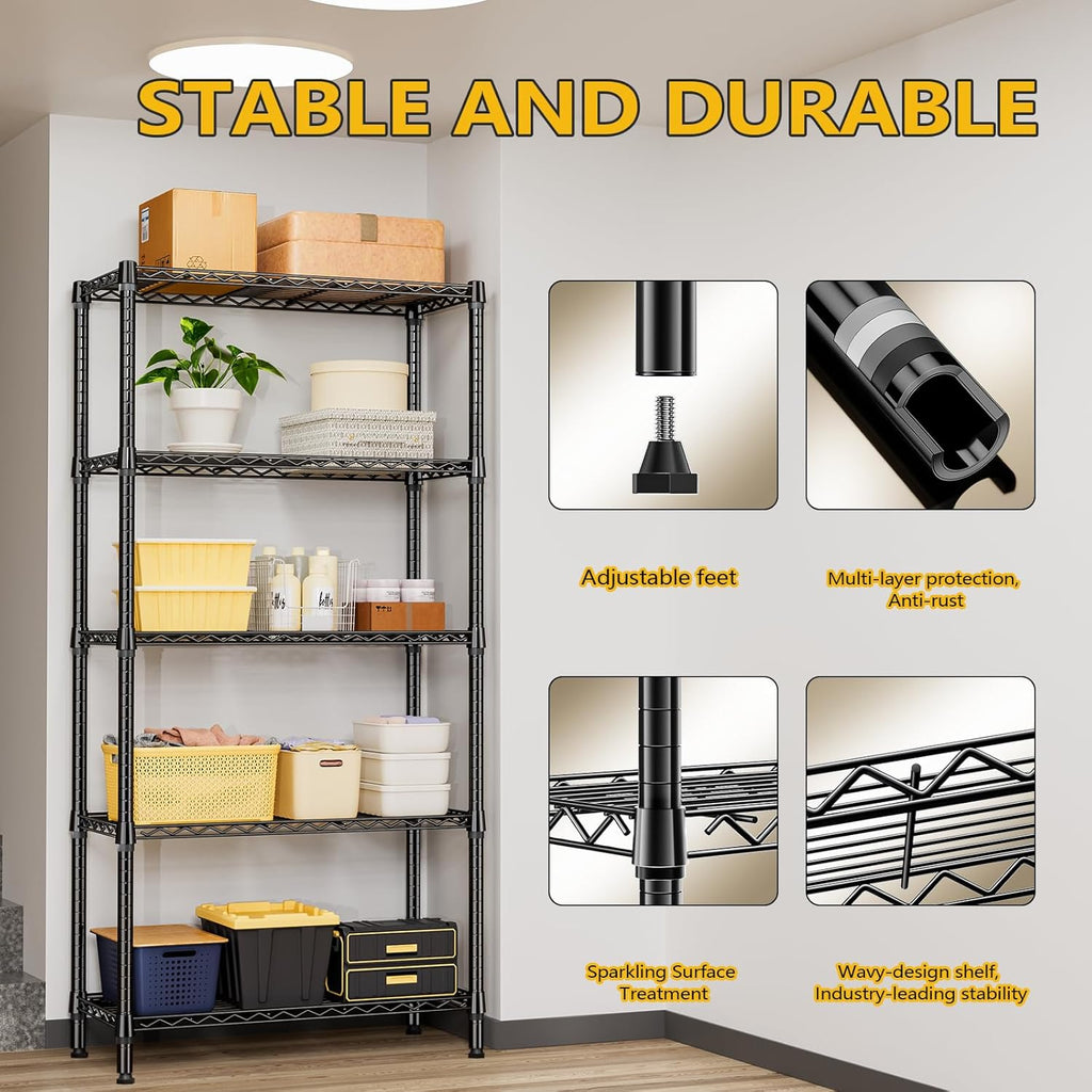1250 lbs 5 Tier Shelf Metal Storage Shelves Shelving Wire Rack Heavy Duty Closet Organizers for Garage Kitchen Bathroom Laundry Black 15.7" D x 33.5" W x 68.5" H