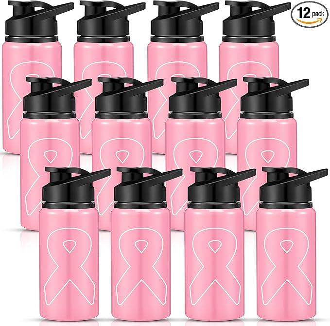 12 Pieces Breast Cancer Awareness Gifts Aluminum Water Bottles Pink Ribbon Breast Cancer Gift for Women Leak Proof Lightweight Portable Bottles for Marathon Running (Stylish Style,17 oz)