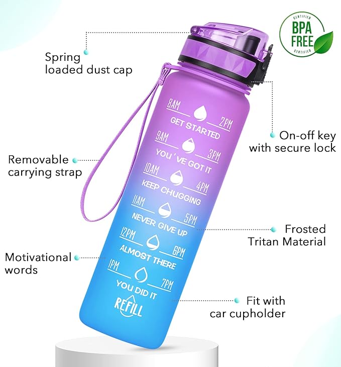 32oz/26oz Motivational Water Bottle with Time Marker & Fruit Strainer, Leak-proof BPA Free Non-Toxic 1l Bottle with Carrying Strap, Perfect for Fitness, Gym and Outdoor Sports, Plastic
