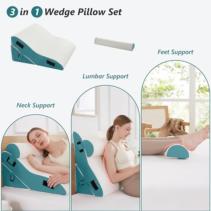 3 PCS Upgraded Bed Wedge Pillow for Sleeping - 35D Post Surgery Pillow for Back Leg Pain Relief - 22" Wide Adjustable Triangle Wedge Pillow Set for Acid Reflux & GERD & Snoring(white blue)