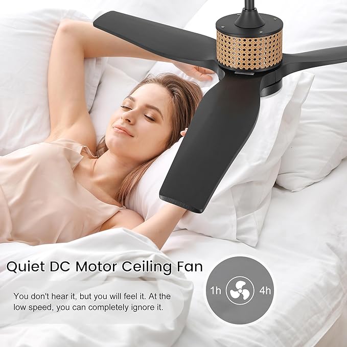52" Ceiling Fan with Light and Remote, 3 Solid Wood Blades, Noiseless Reversible DC Motor Ceiling Fan with 4.5"/12" Downrods for Bedroom/Living Room/Porch (Black)