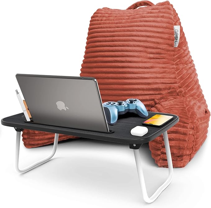 Nestl Reading Pillow with Portable Lap Desk Stand for Laptop 22x14”, Cut Plush Striped Back Pillow, Back Support Pillow, Shredded Memory Foam Bed Rest Pillow with Arms for Kids & Teens, Medium - Misty