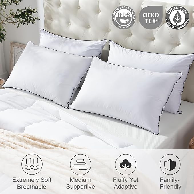 APSMILE Medium Firm Feather Down Pillows Queen Size Set of 2, Luxury Goose Feather Pillow for Sleeping, 600TC/DM Organic Cotton Cover Hotel Bed Pillow, Wrapped in Polyester (White, 20"x30")