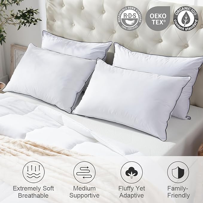 APSMILE Medium Firm Feather Down Pillows King Size Set of 2, Luxury Goose Feather Pillow for Sleeping, 600TC/DM Organic Cotton Cover Hotel Bed Pillow, Wrapped in Polyester (White, 20"x36")