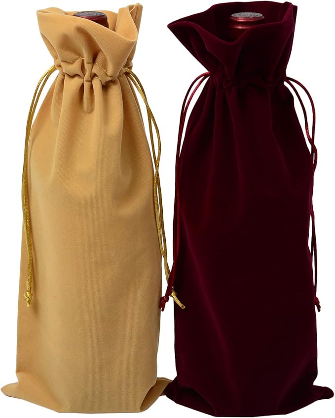 4 Pcs Luxury Velvet Wine Bottle Gift Bags with Double Drawstring Closure for Champagne Wedding Party(15" x 6.3")