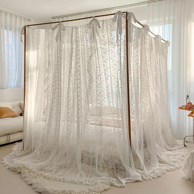 Elegant Princess 4 Corner Post Mosquito Net Romantic for Girls Women Bed Curtain Canopy for Adult Wedding Bedroom Kids Rooms Decoration (Type2-White-Flower, California King)