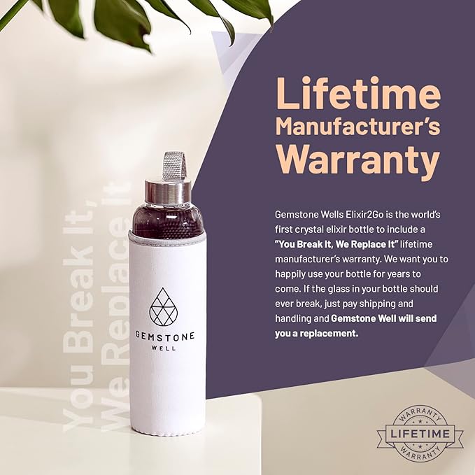 Crystal Water Bottle Elixir Set | Includes Authentic Hematite & Clear Quartz Healing Crystals | Black Neoprene Sleeve | Drink Gem Infused Water On The Go