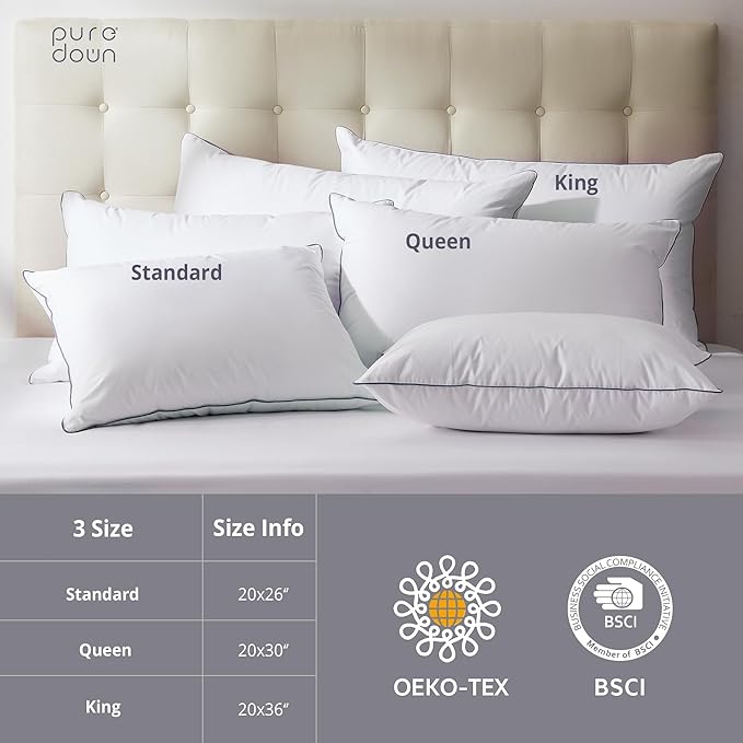puredown® Goose Feathers and Polyester Fiber Pillow, Made in USA, 100 Cotton Cover, Medium Firm Bed Pillows for Sleeping, Hotel Collection Pillows Standard Size of 2