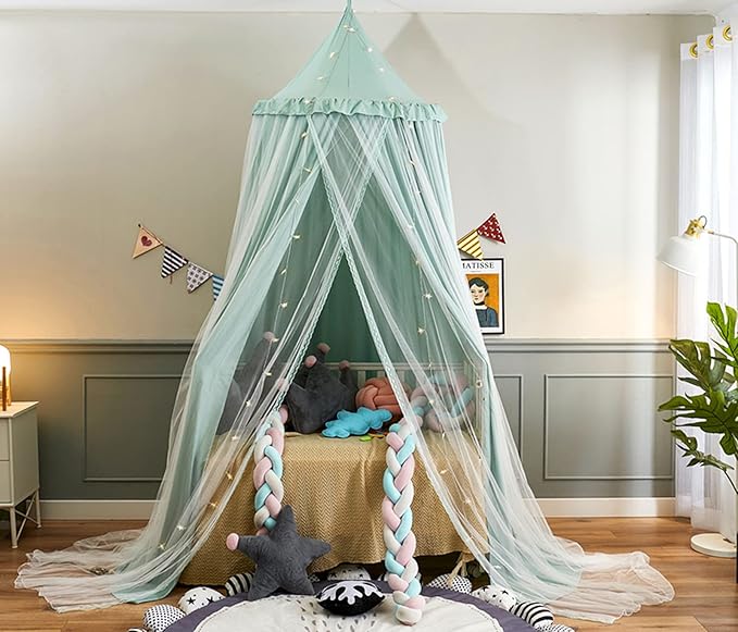VETHIN Bed Canopy for Kids with Lights,Double Layer Princess Round Dome Children Dreamy Mosquito Net Bedding Girls Room Castle Play Tent Hanging House Decor Reading Nook Canopies(Green/White)