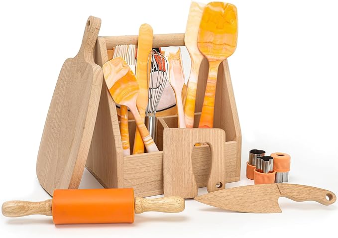 G.a HOMEFAVOR Kids Cooking & Baking Set: 16 Pcs Little Chef Cooking Utensils Kitchen Set with Gourmet Cooking Box, Foldable Chef Hat Apron, Gifts for Girls Boys Juniors(Orange)