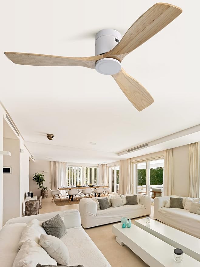 Sofucor 52'' Flush Mount Ceiling Fan without Light, Indoor Outdoor Mordern Wood Low Profile Ceiling Fan with Remote Control, Reversible Quiet DC Motor, 6 Speed, for Farmhouse Bedroom Patio Porch
