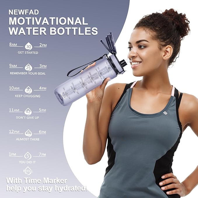 32 oz Water Bottle with Detachable Straw, Clear Motivational Water Bottles with Time to Drink, Tritan & BPA Free Sports Water Jug with Time Marker, Upgraded handle design
