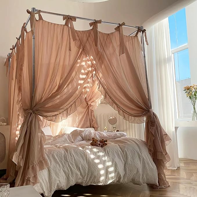 Canopy Bed Frame Queen Size Stainless Steel Canopy Poles for Bed, Canopy Bed Curtains Queen Bed Canopies & Drapes for 4 Corner Metal Bed Wood Bed Bedroom Decor
