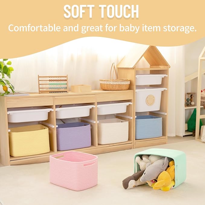 4 Pack Storage Baskets for Organizing Toys, Towels, and Clothes, Woven Basket for Shelves, Sturdy Nursery Cube Bins for Storage, 13''L x9''W x7.8''H, Purple