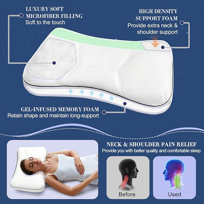 Cervical Neck Pillow for Sleeping, Ergonomic Pillow for Neck Pain Relief, Memory Foam Pillows for Bed, White Side Sleeper Pillows for Adults, 24" x 17"