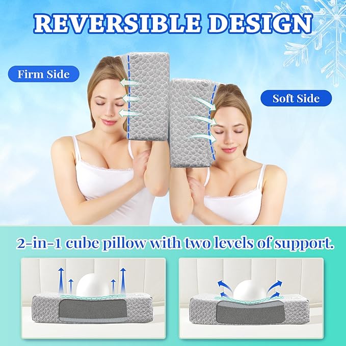 HARBOREST Cooling Cube Pillow - Side Sleeper Pillow for Neck and Shoulder Pain, Memory Foam Pillow Cube Pro with Adjustable Firmness,24"x12"x5", Grey