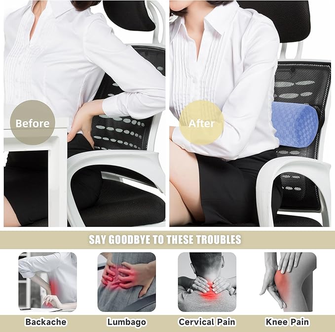 Lumbar Roll Pillow for Lower Back, Lumbar Support Foam Roll Cushion with Pillowcase and Upgraded Strap for Office, Chair, Car, Seat Pain Relief & Improving Posture (Light Blue, Long-15*4.3'')